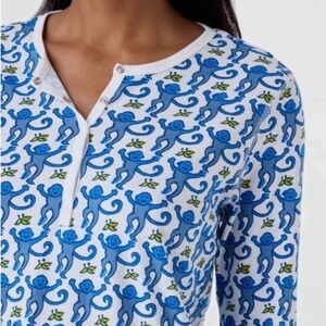 Roller Rabbit Blue Monkey Print Pajama Long Sleeve Top Women’s XS Lounge Whimsy